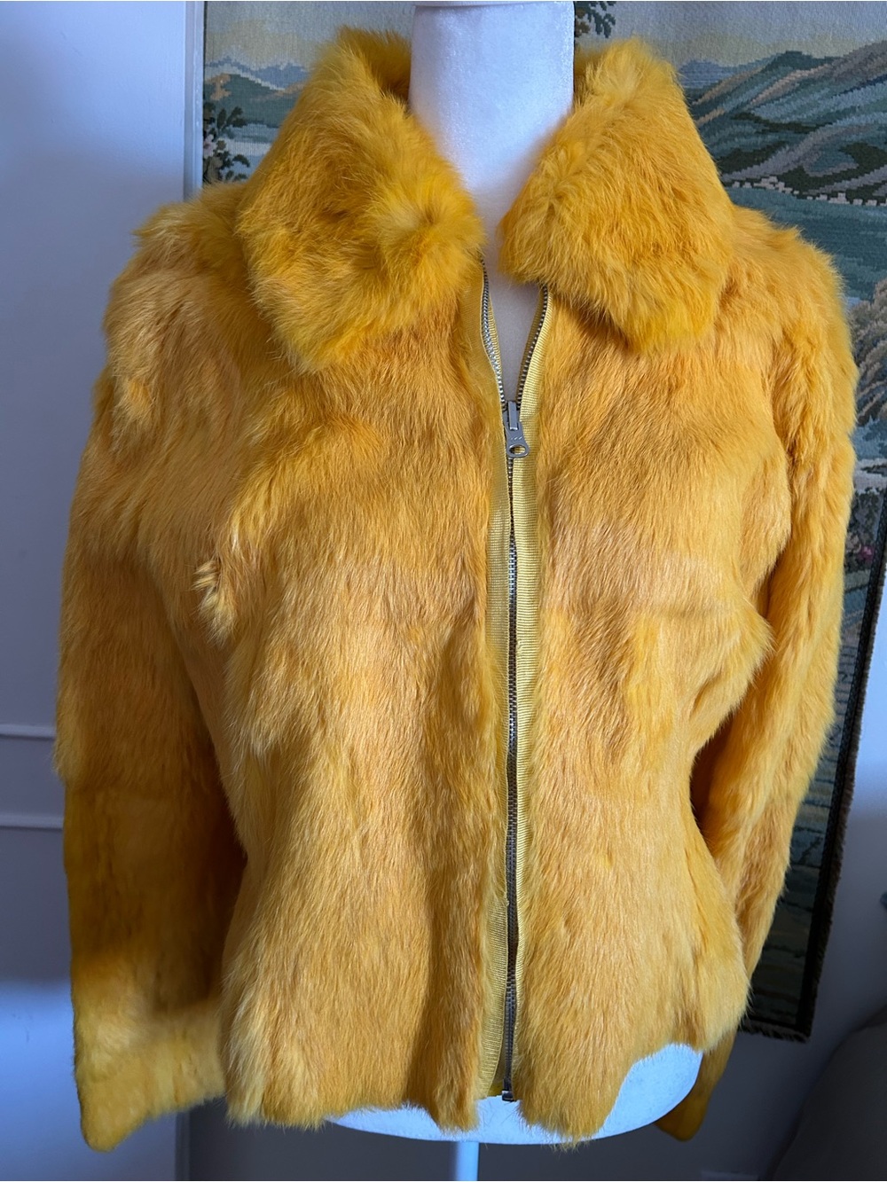 Women's Yellow real rabbit Fur Teddy Jacket with Zip Collar